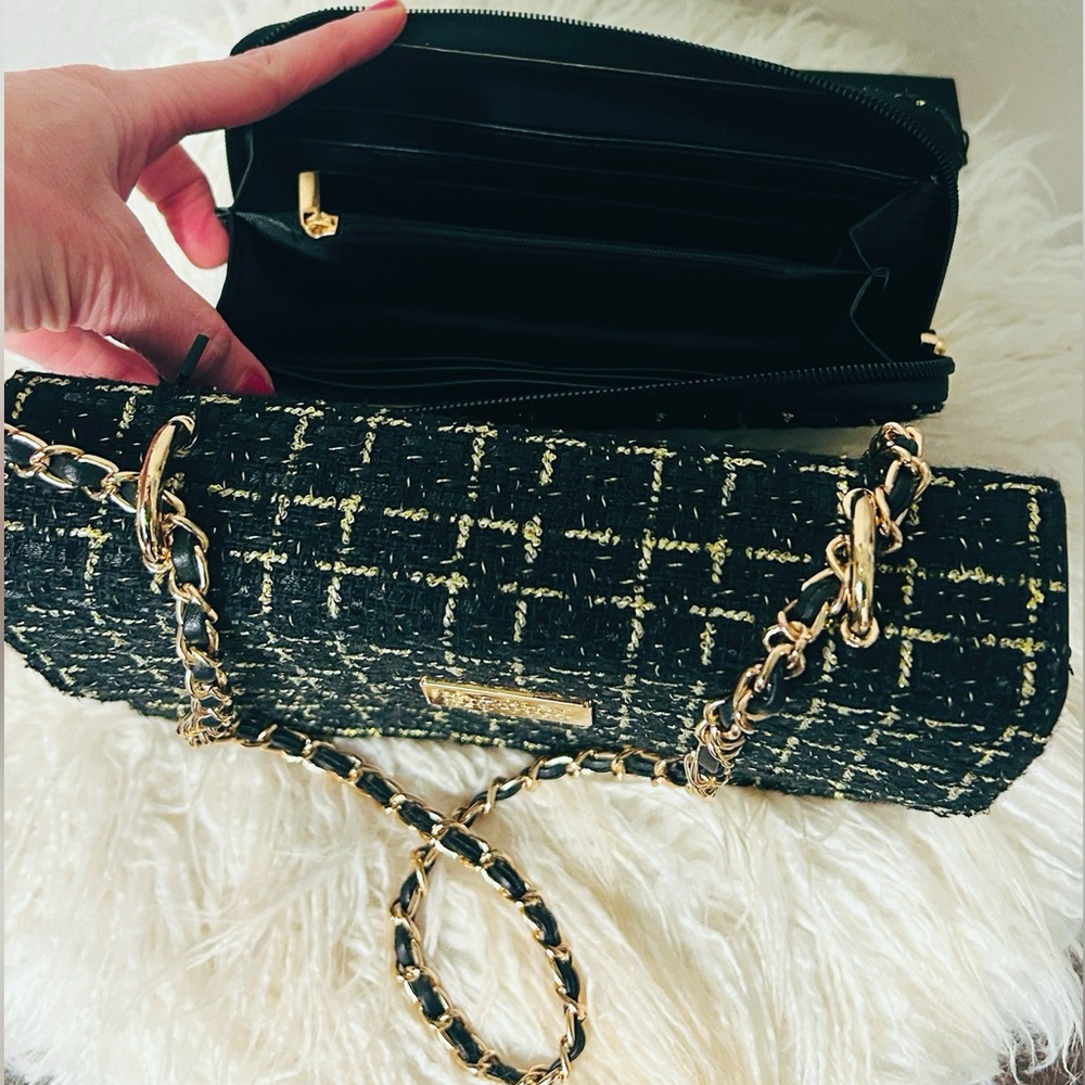 Badgley Mischka Black and Gold Tweed Bag & Wallet Matching Set NWT - Picture 8 of 9